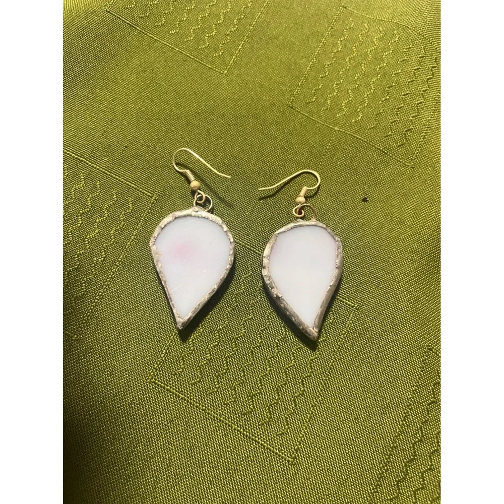 Handmade Stained Glass Teardrop Earrings Pink White Marbled Artisan Dangle
